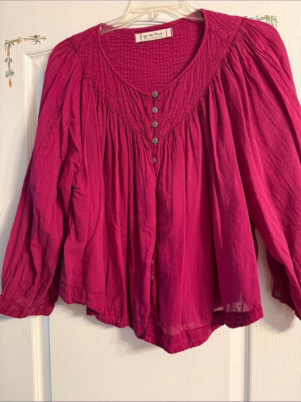 We The Free Magenta Smocked Yoke Long Sleeve Blouse